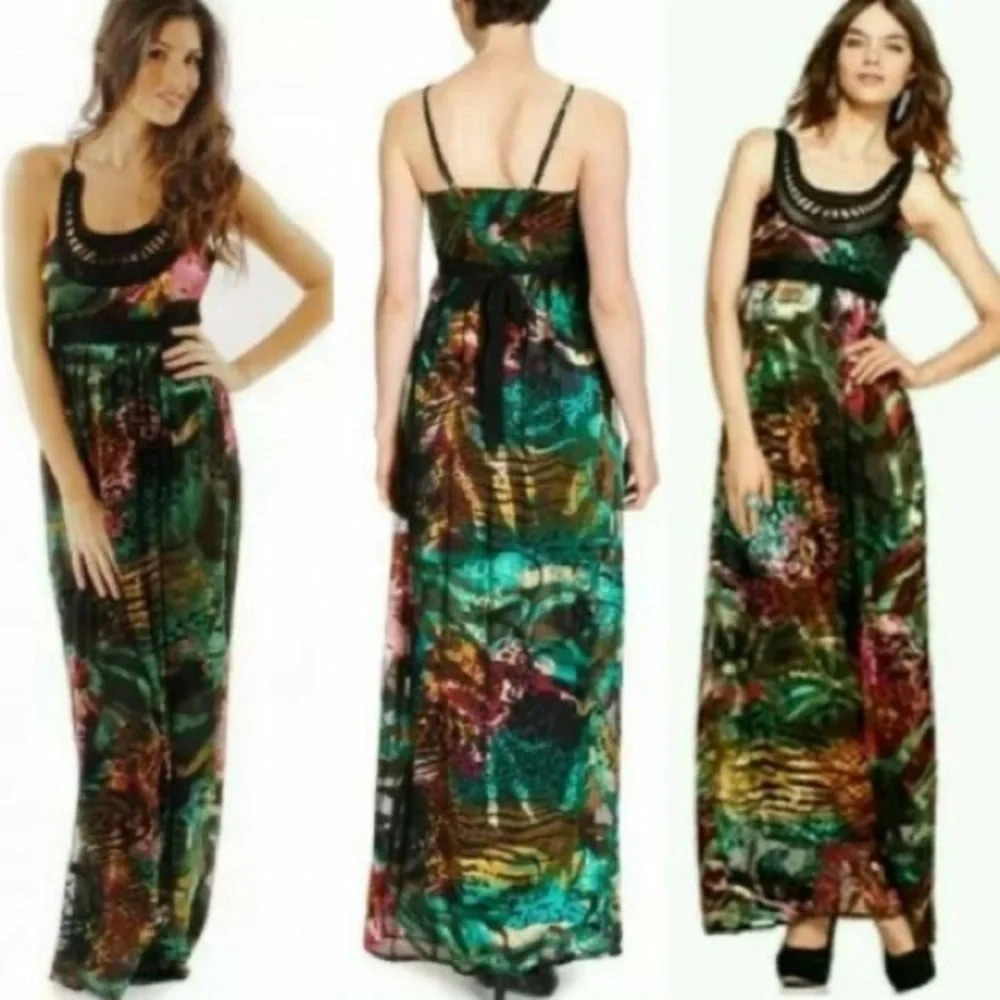 Desigual Multi Colour Print  Silk Blend Crochet Braided Maxi‎ Dress